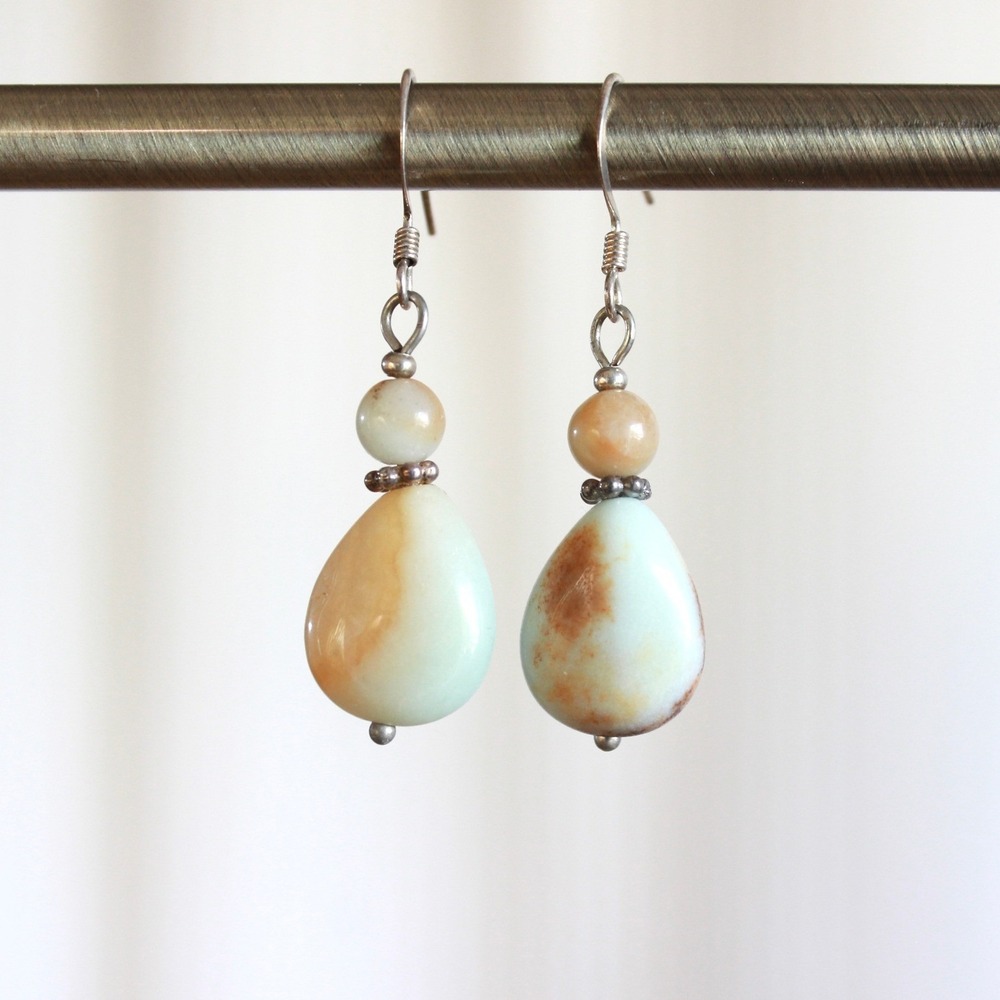 Handmade Amazonite Jasper Stone Drop Earrings Mint Tan Silver Tone Boho Dangle